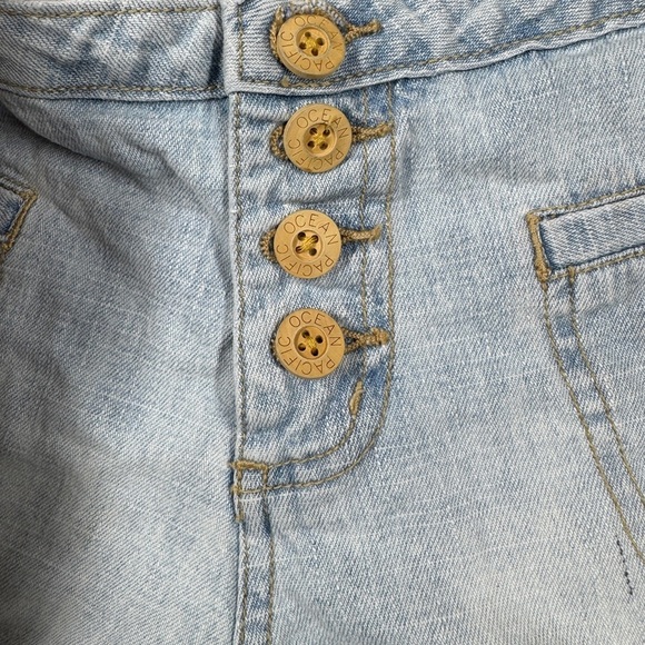 Vintage Surf OP Embroidered Floral Light Blue Jean Denim Hot Pants Shorts Size 3 - Picture 3 of 17